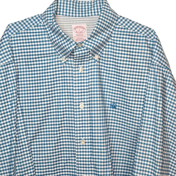 Brooks Brothers Madison Mens L Blue Gingham Checkered Button Down Shirt Non Iron - Picture 6 of 9